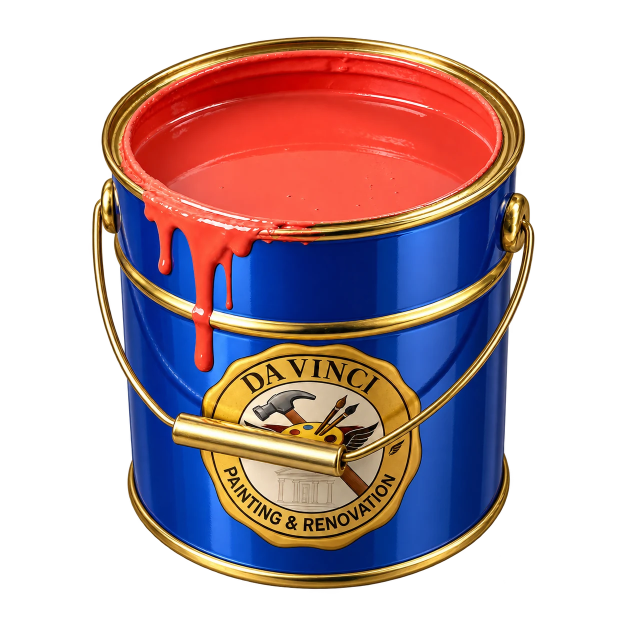 Blue and gold paint bucket filled with paint and the original DAVINCI logo