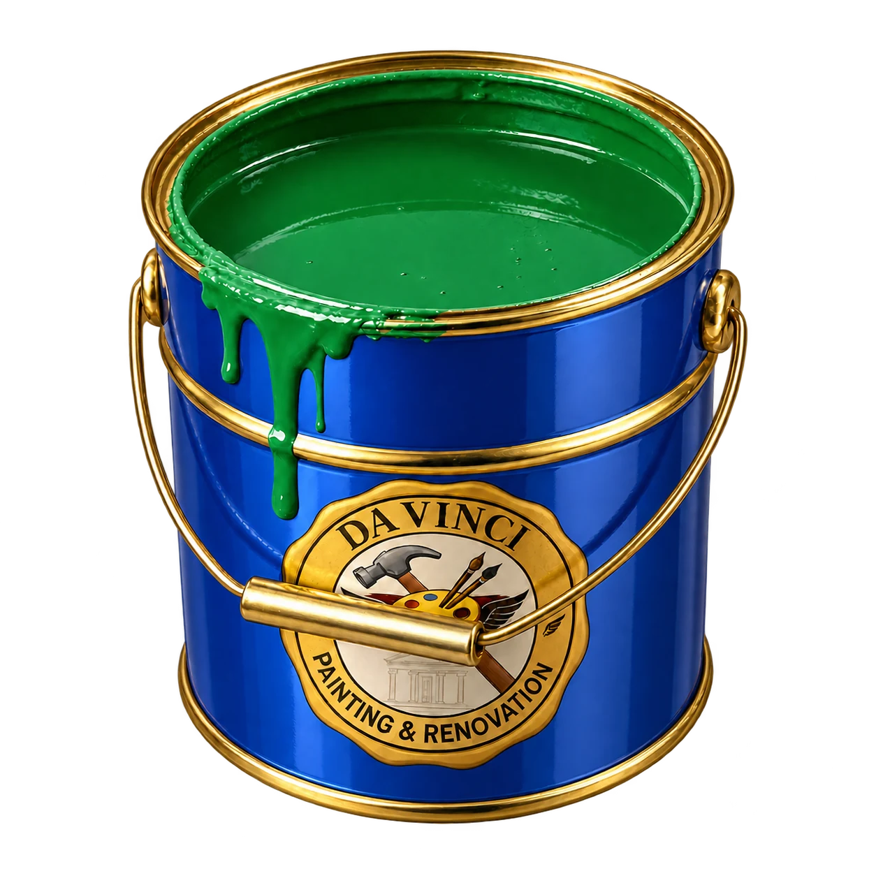 Blue and gold bucket filled with green paint and the original DAVINCI logo