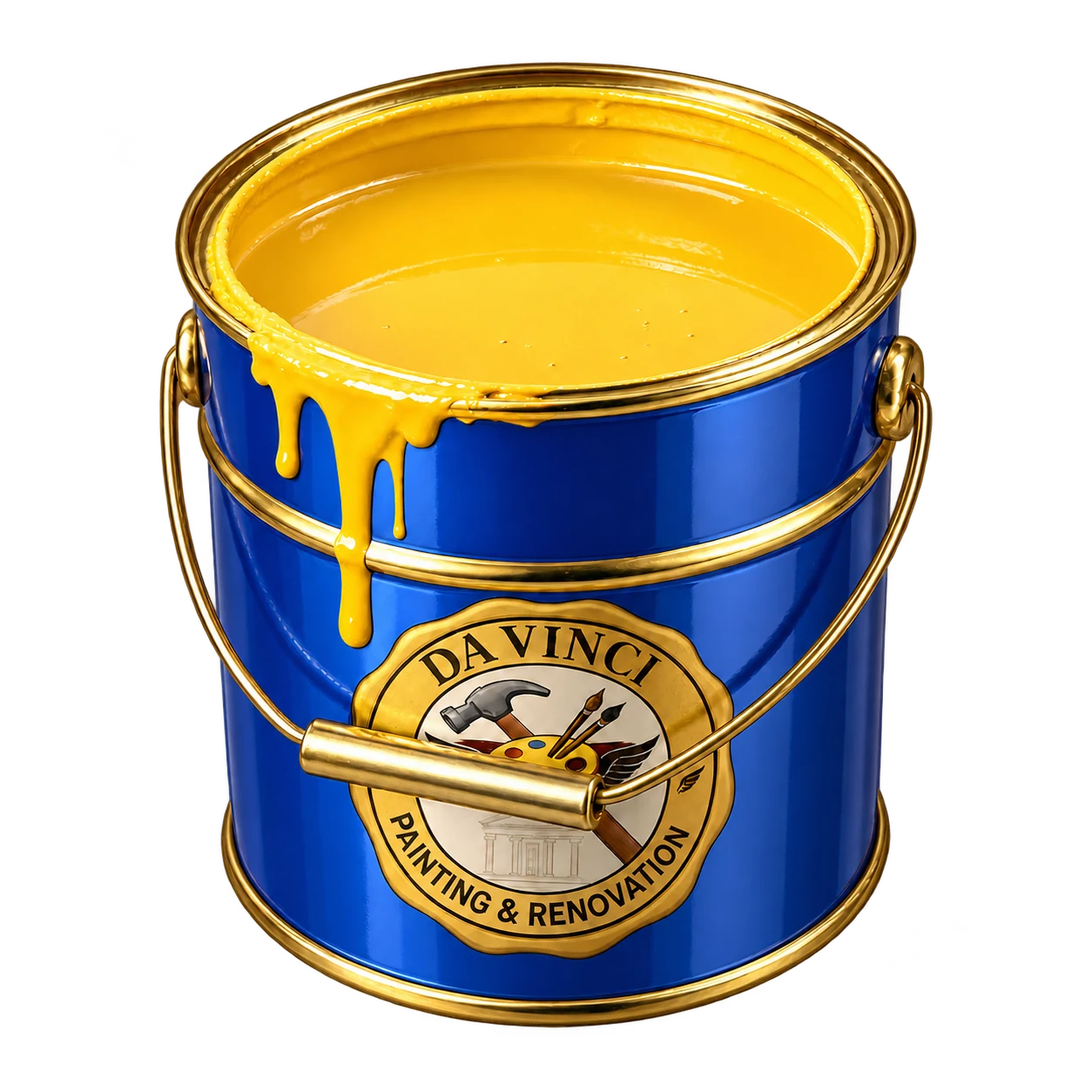 Blue and gold bucket filled with yellow paint and the original DAVINCI logo
